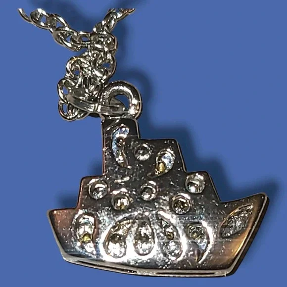 Dainty Silver Rhinestone Boat Charm Pendant Necklace‎ Nautical Cruise Ship Yacht - Picture 5 of 6